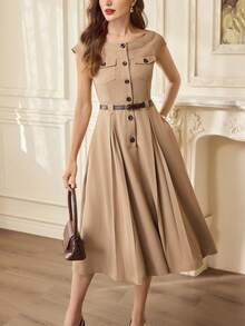 Vintamour Vintage klassisch elegantes Damenkleid, Frühling/Sommer tailliertes Raglanärmel Kleid, Jumpsuit Kleid mit Tasche, Knopfkleid, Khakikleid - Khaki - Übersicht 4