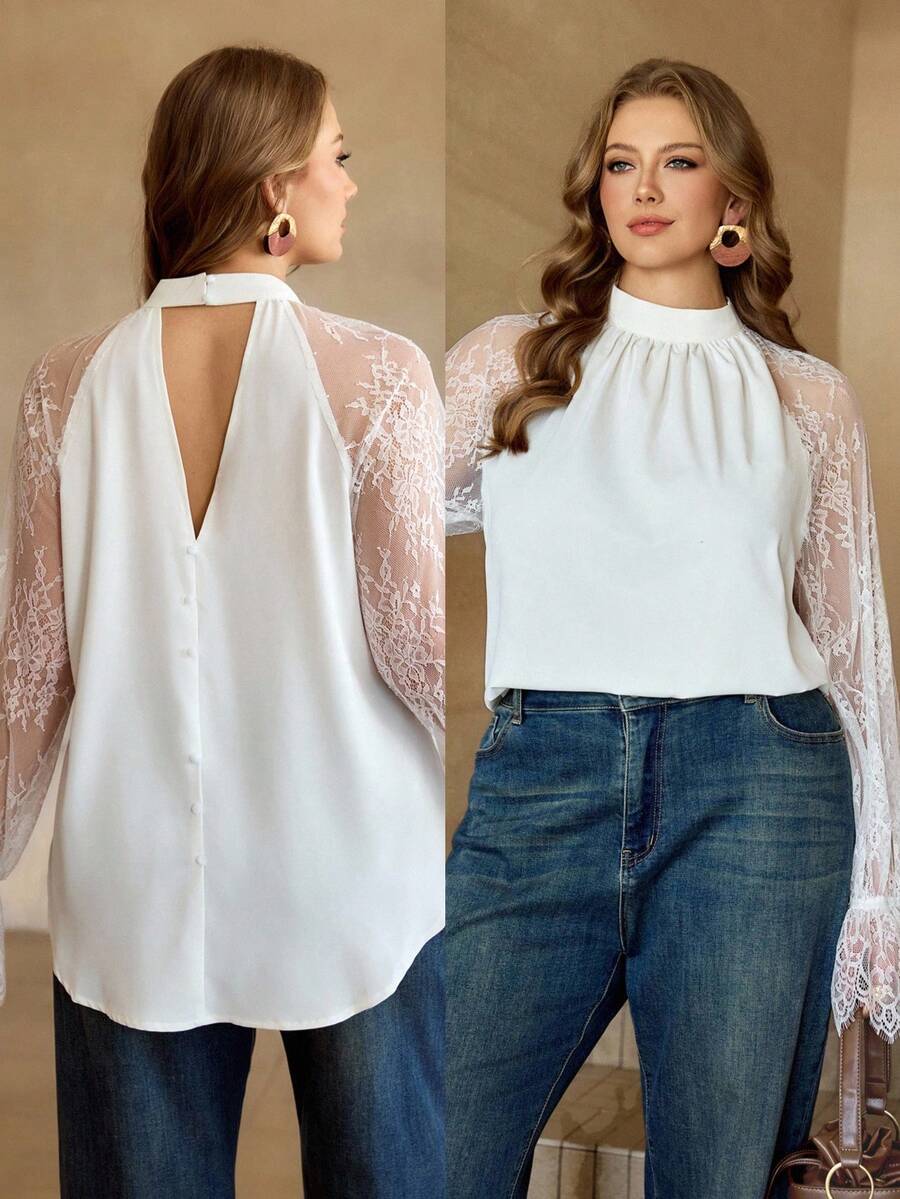 Roveilla 大码女式蕾丝袖双面半透明高领优雅衬衫，灯笼袖雪纺拼接上衣 - 白色 - 查看 1