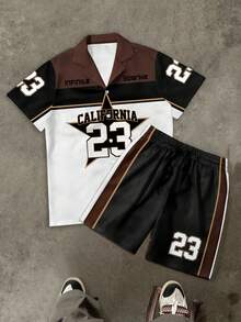 Aesthetic Post California No.23 复古撞色男士衬衫短裤套装，宽松街头风衬衫+短裤套装 - 彩色 - 查看 3