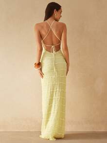 Silquee Đầm dạ hội màu trắng/beige lãng mạn, chất liệu jacquard, kiểu dáng hở lưng, buộc dây, ôm sát cơ thể, gợi cảm và thanh lịch, thích hợp cho đám cưới mùa xuân/hè, phù dâu, kỳ nghỉ, hẹn hò, tiệc tùng, dạ hội, lễ tốt nghiệp, biểu diễn. - Vàng nhạt - Xem 2