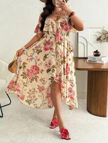 Ceyna Đầm maxi trễ vai hai dây bằng chiffon họa tiết hoa, thanh lịch, thoải mái dành cho nữ cỡ lớn, phù hợp cho đi biển, du lịch, dã ngoại và mặc hàng ngày. - Màu be - Xem 2