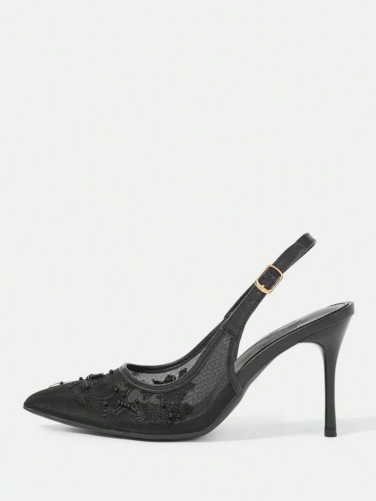 CUCCOO HITCHD Women Shoes Spring Summer Lace Pearl Decorative Pointed Toe Slingback Stiletto 9cm Mesh Women's High Heel Shoes Solid Color Sexy Dating Wedding Party