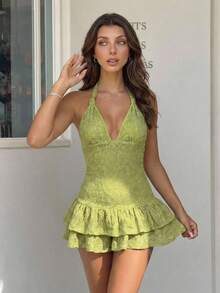 KARISMINA Women's Solid Color Knitted Halter Jumpsuit, Spring/Summer Vacation - Green - View 8