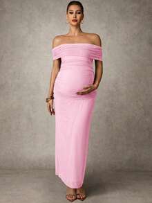 MaterniChic Maternity Solid Color Ruched Fitted Elegant Dress - Baby Pink - View 7