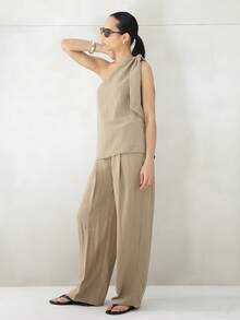 KSTM Women Linen Wide Leg Pants With Tie Belt Detail High Waist Palazzo Trousers Summer Casual Flowy Bottoms - Camel - View 6