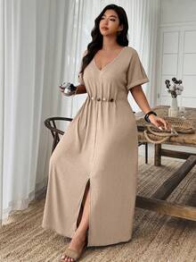 Weeklong Plus Size Women's Beaded Decor A-Line V-Neck Casual Dress, Spring/Summer - Apricot - View 3