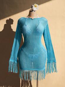 SHEIN CURVE+ 大尺碼復古性感時尚個性化海灘休閒度假波西米亞風喇叭袖流蘇飾邊修身針織洋裝 - 水鴨藍 - 查看 3