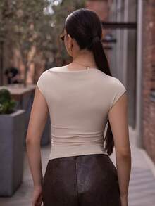 Andrea Bello Women's Casual Metal Decor Pleated Slim Fit T-Shirt, Summer - Apricot - View 2