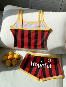 Comfortcana Bộ 2 món gồm áo hai dây croptop và quần short kẻ sọc phối màu mùa hè, thích hợp mặc đi cổ vũ câu lạc bộ bóng đá, làm đồ lưu niệm cho người hâm mộ, trang phục ngày thi đấu World Cup. - Nhiều màu - Xem 2