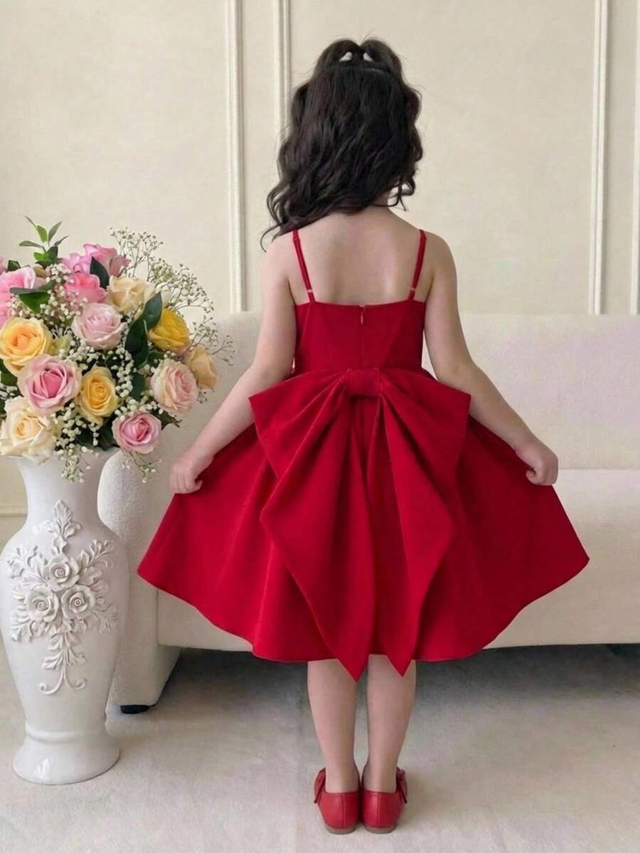SHEIN Tween Girls' Elegant Loose Fit Sleeveless Dress With Oversized Bow Decor, Wine Red, Spring/Summer - Red - View 1