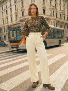 Daynim High Waist Plicated Detail Wide Leg Pants - Cream - View 1