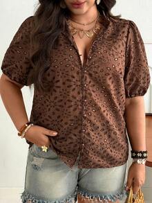 Ceyna Plus Size Women Floral Embroidery Short Petal Sleeve Single-Breasted Casual Shirt - Brown - View 4
