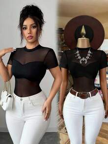 Elenzga Women's Black Fabric Splicing Black Mesh Fabric Design Sense High-End Elegant Elegant Slim Fit Sexy Outfit, Birthday Gift, Date, Party, Valentine's Day, Carnival Party, Bar, Music Festival, Highlight Perfect Body Curve, Student Style, Travel, Street Photography, Summer T-Shirt, Summer Top, Summer New Essential Fashion Niche Design Versatile Ladies Graceful Short Sleeve Blouse - Black - View 6