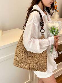 Medium Capacity Portable Women Woven Straw Shoulder Bag, Handbag For Beach & Vacation, Beach Bags, Summer Outfits - Light Khaki - View 4