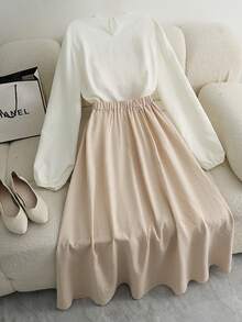 Franclia 优雅休闲日常通勤荷叶边圆领上衣和百褶裙两件套，女士春夏款 - 杏色 - 查看 2