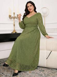 Modelyn Plus Size Elegant Party Solid Color Lace Dress Fall - Green - View 3