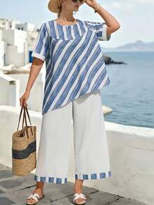 EMERY ROSE Plus Size Women Loose Casual Round Neck Short Sleeve Faux Linen Bamboo Striped Print Contrast Color Casual 2-Piece Set, Spring/Summer - Blue and White - View 3