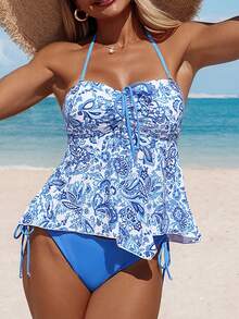 Swim Lushoire Women's White And Blue Floral Tankini Set,Summer Boho Spaghetti Strap Camisole Bikini Top & Triangle Bottoms,Holiday Pool Party Asymmetrical Ruffle - Multicolor - View 9