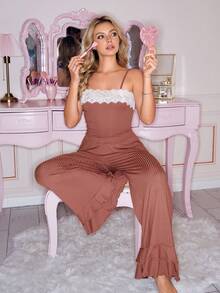 Sweet Girl Lace Pajama Set, Ruffled Trim Sleepwear, Red Casual Loose Camisole And Wide Leg Pants Pajama Set, Young Lady Soft Pink Elegant Sleepwear - Dusty Pink - View 4