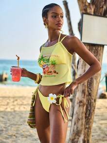 Zestiva 三件套：夏季度假沙滩网纱印花纯色吊带背心、吊带文胸和侧系带比基尼泳裤，性感女士坦克比基尼套装，热带风情比基尼，Y2K风格比基尼套装，西部泳装，复古黄色西部泳衣，沙滩装，黄色比基尼，女士度假套装，女士比基尼套装，女士沙滩装，女士夏季两件套，女士两件套泳衣 - 彩色 - 查看 4