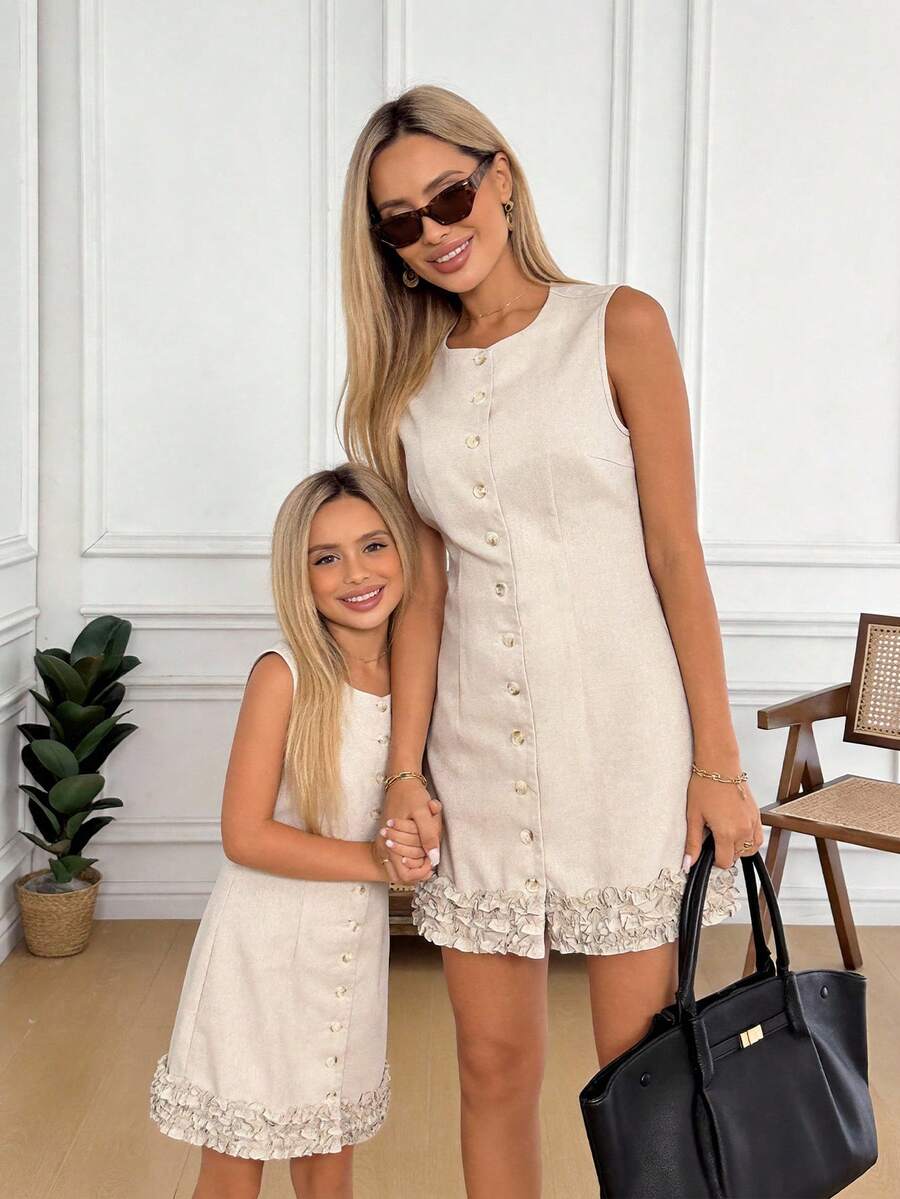 Easowa 女士纯色圆领单排扣休闲无袖迷你连衣裙，休闲服饰 - 杏色 - 查看 1