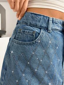 SHEIN Women Rhinestone Embroidered High Waist Mini Denim Skirt - Light Wash - View 3