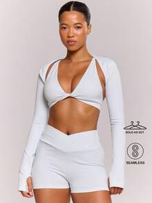 Musera Sport Conjunto de 2 piezas de sujetador deportivo Sprappy con bolero para actividades deportivas, entrenamiento, gimnasio, pilates, fitness y uso casual de verano - Celeste - Ver 1