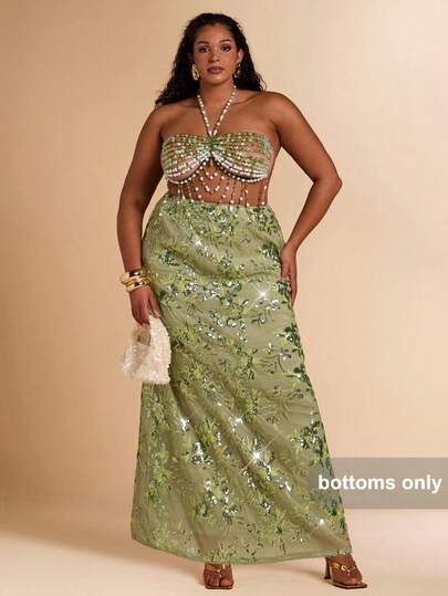 SHEIN BAE Plus Size Women Sequin Floral Pattern Versatile Date Night/Outing Skirt