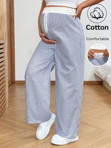 SHEIN 可调节腰围条纹休闲宽松孕妇裤，日常百搭 - 藍白色 - 查看 1