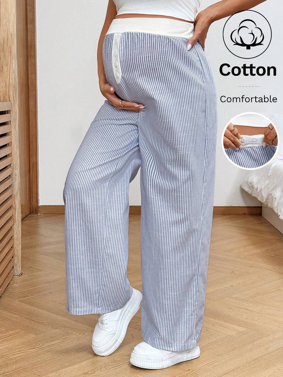 SHEIN 可调节腰围条纹休闲宽松孕妇裤，日常百搭 - 藍白色 - 查看 1