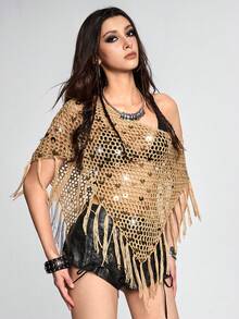 ROMWE Avant Vacation Style Brown Sequin Fringe Crochet Shawl Top - Brown - View 5