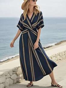 SHEIN Holidaya 女士交叉裹身收腰V领蓝黄条纹连衣裙，度假款 - 藏蓝色 - 查看 1