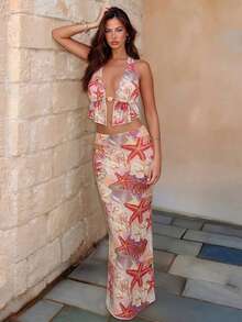 Swim Vcay Summer New Arrival Multi-Color Popular Ocean Print Romantic Beach Vacation Mermaid Beach Dress, Gathering & Slimming, Viral Party Cruise Outfit, Women 3-Piece Swimwear Set Including Bikini Bottom & Skirt Beach Set For Women Pool Party Outfit Women Beach Club Outfit Swim Oasis 3 Pieces Set Sea Shell Outfit - Multicolor - View 7