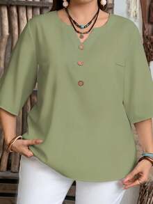 EMERY ROSE Plus Size Women's Solid Color V-Neck Casual Minimalist Short Sleeve Shirt, Suitable For Summer - Green - View 4