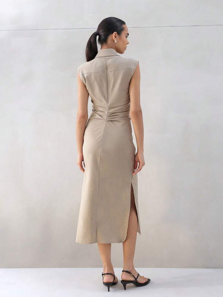 KSTM Women's Sleeveless Button Front Midi Shirt Dress With Collared Neckline And Draped Waist Detail For Work Day And Casual Occasions
