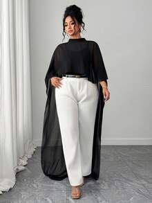 Elenzga Blusa elegante de gasa negra para mujer talla grande, chal para verano, formal, de noche y para ir al trabajo - Negro - Ver 3