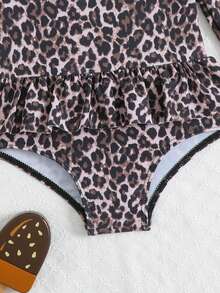 女婴豹纹泳衣，带荷叶边和袖子，含发带，适合夏季海滩度假，时尚百搭。 - 彩色 - 查看 5