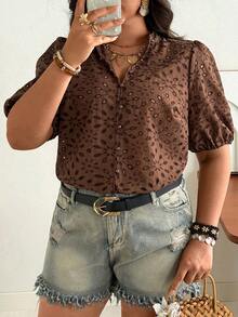 Ceyna Plus Size Women Floral Embroidery Short Petal Sleeve Single-Breasted Casual Shirt - Brown - View 5