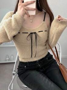FRIFUL Women's Apricot Solid Color Inner Pocket Sleeveless Jacket, Long Sleeve Contrast Color Drawstring Bow Knit Sweater Two Pieces Set, Autumn - Beige - View 4