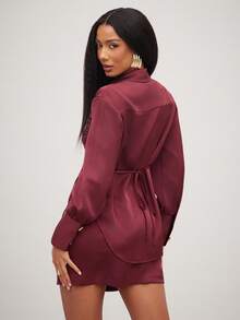 NYA SZN 配套迷你裙纽扣上衣长袖缎面 - 紅色 - 查看 2