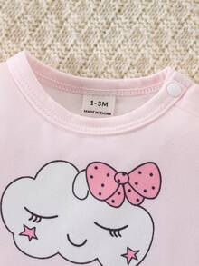 2pcs Newborn Baby Girls Short Sleeve Top And Long Pants Pajama Set, Knitted Fabric With Digital Printing, Cute Cloud Pattern, Pink Tone - Pink - View 6