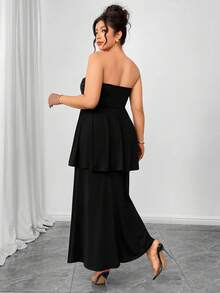Elenzga Plus Size Women 2pcs Set Knitted Elastic Cropped Camisole Top & Asymmetric Fishtail Skirt Suit, Elegant Black Outfit - Black - View 2