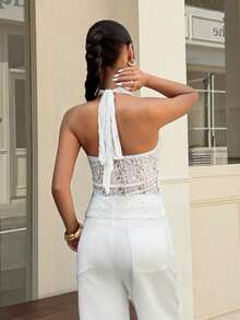 Muchica Women's Floral Lace Deep V-Neck Halter Top - White - View 2