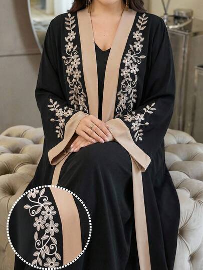 Al Najma Plus Size Women's Colorblock Floral Embroidered Elegant Long Sleeve Abaya