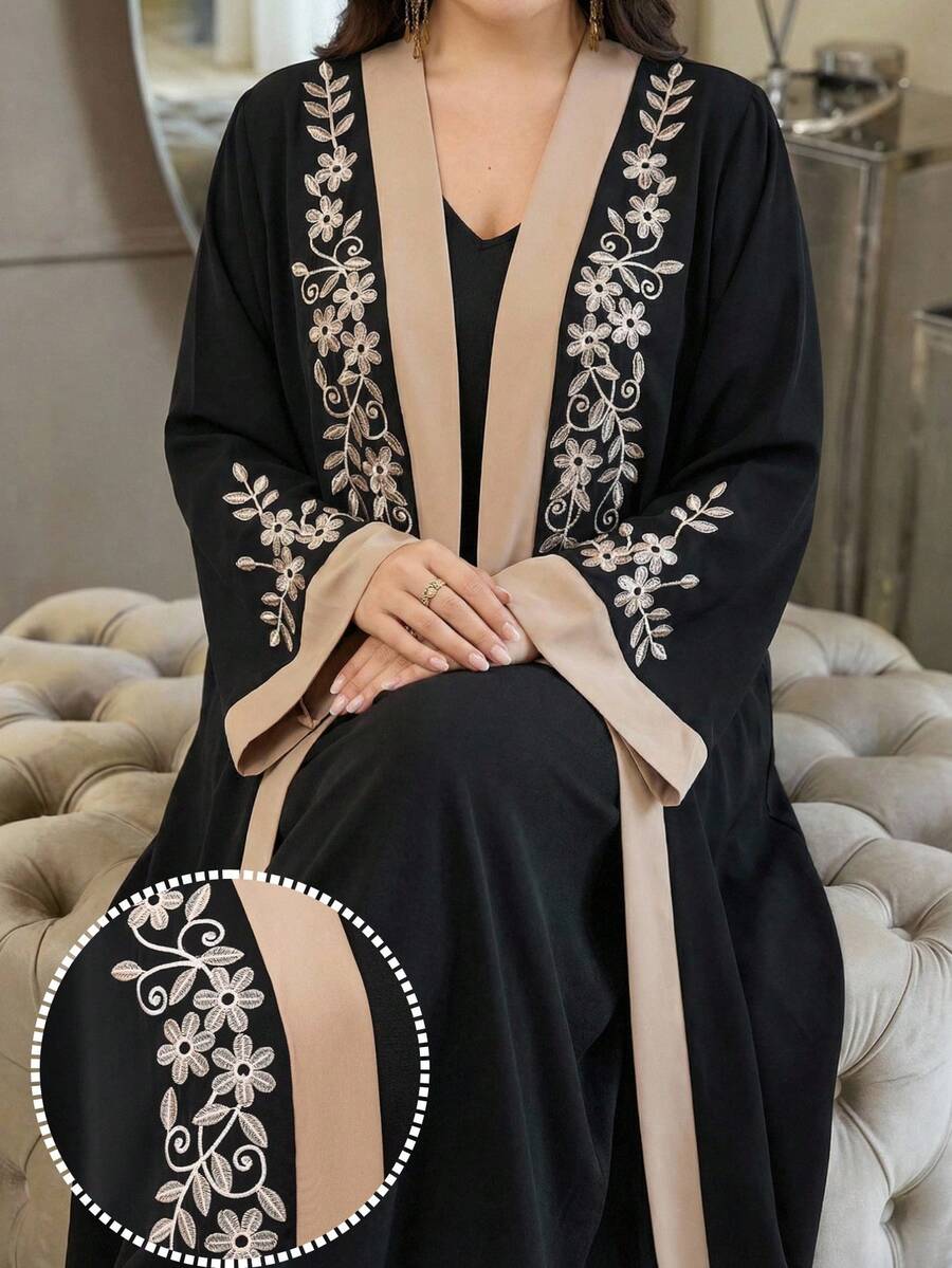Al Najma Plus Size Women's Colorblock Floral Embroidered Elegant Long Sleeve Abaya - Black - View 1