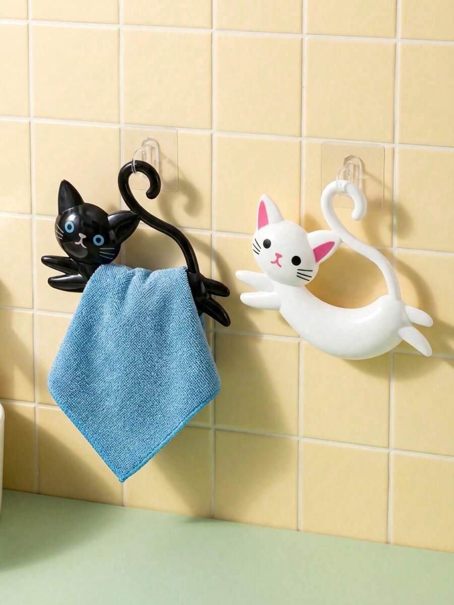 Joivida Cartoon Cat Pattern Towel Rack - No Drill Wall Mount, Plastic Storage Hooks, Bathroom Organizer For Towels & Accessories, Adhesive Wall Hanger, Cute Home Decor, Waterproof Shelf, Space Saving Kitchen Bath Storage - Multicolor - View 1