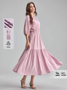 Ontre 亚麻女士舒适柔软桃花褶皱面料修身插肩袖露肩系带A字连衣裙，优雅休闲，适合邮轮度假、都市通勤、办公室穿着，四季皆宜，百搭夏季连衣裙，轻盈透气，适合波西米亚风度假、海滩度假、乡村音乐会、西部风情、游牧休闲等各种场合。 - 粉色 - 查看 2