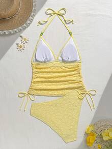 Swim Mod Summer New Solid Pale Yellow Textured Floral Spaghetti Strap Drawstring Modest Teenage Beach Romantic Vacation Camisole, Women Beach Dress, Women Swimsuit, Women 2-Piece Swimsuit Set - Pale Yellow - View 4