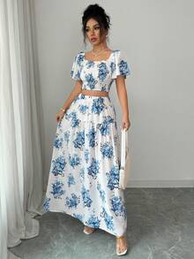 Elenzga Bộ đồ 2 món dành cho nữ mùa xuân/hè: Áo crop top cổ vuông tay bèo in hoa và chân váy chữ A cạp cao. - Xanh và trắng - Xem 6