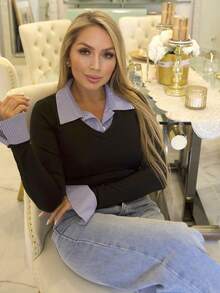 Cioccolato 1 件女式条纹拼接不对称下摆紧身长袖 T 恤，二合一衬衫领，时尚休闲街头风格，秋冬图案 T 恤女式春季上衣 - 彩色 - 查看 4